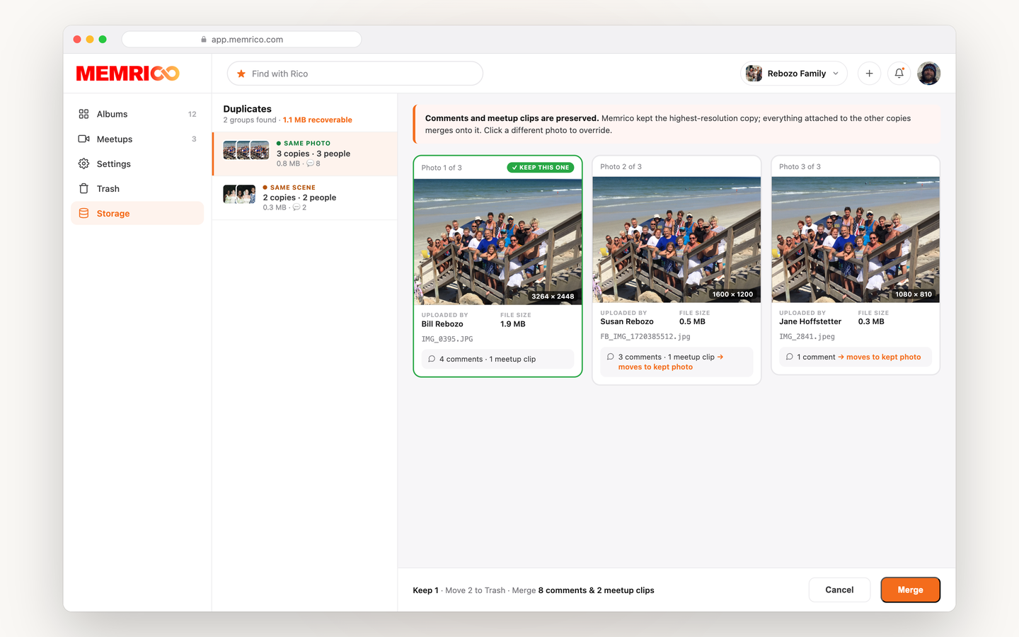 Duplicate review on desktop — three copies of the same reunion photo from three relatives shown side by side, merging into one photo that keeps every comment