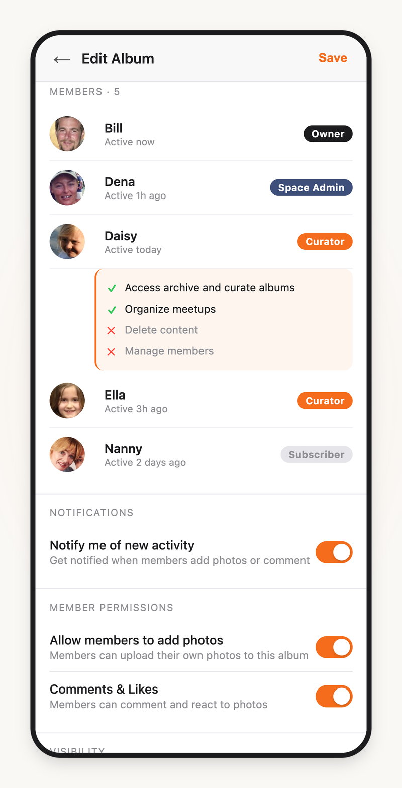 Album settings showing five family members with roles and permission toggles