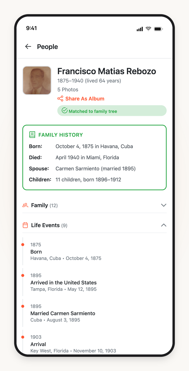 A person page built from GEDCOM data — portrait, life events and historical documents