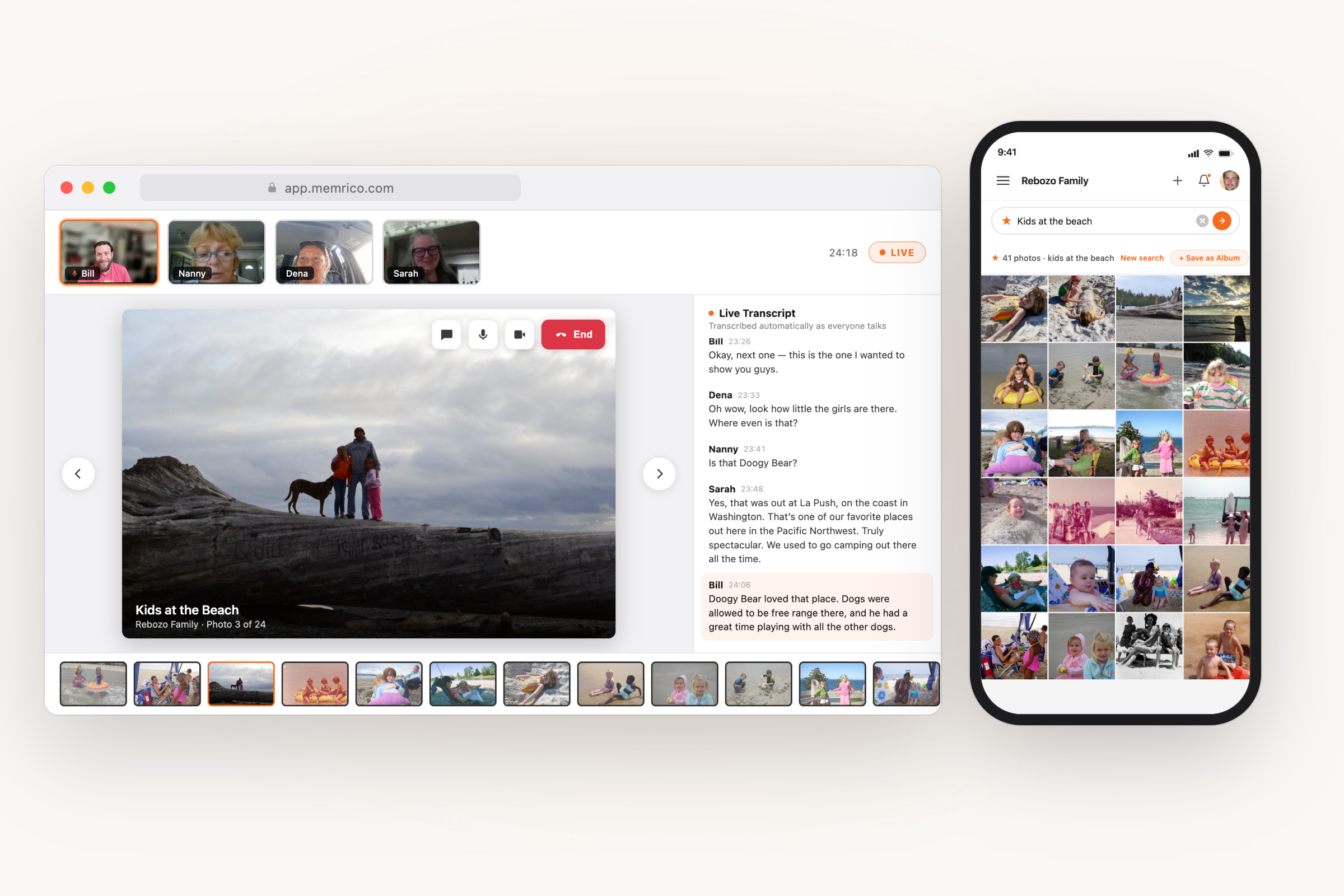 Memrico on desktop and phone — a live family meetup around a beach photo on desktop, and the same Kids at the Beach album found with Rico search on the phone
