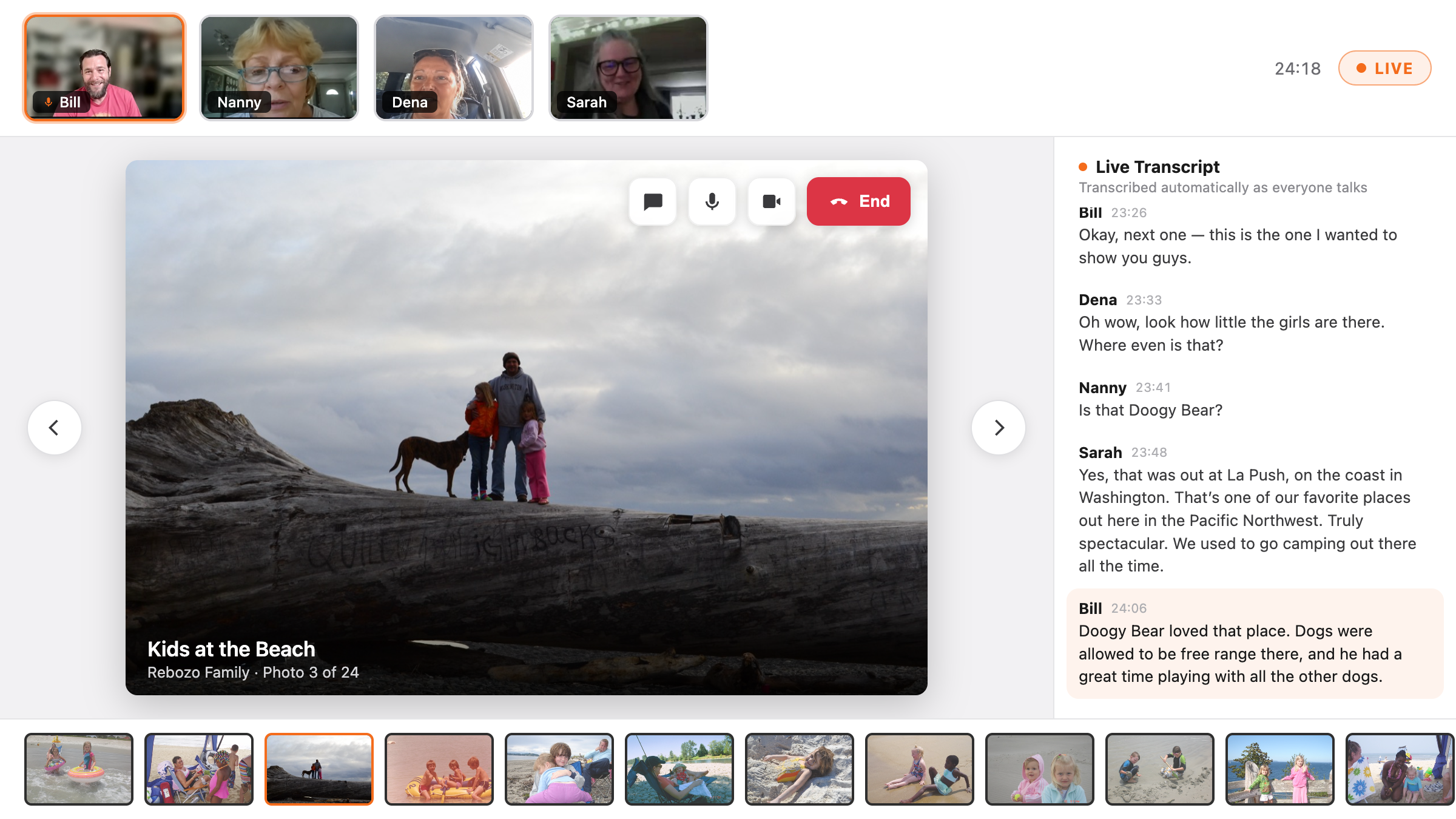 A live Memrico meetup — four family members browsing a beach photo together, with a live transcript of their conversation