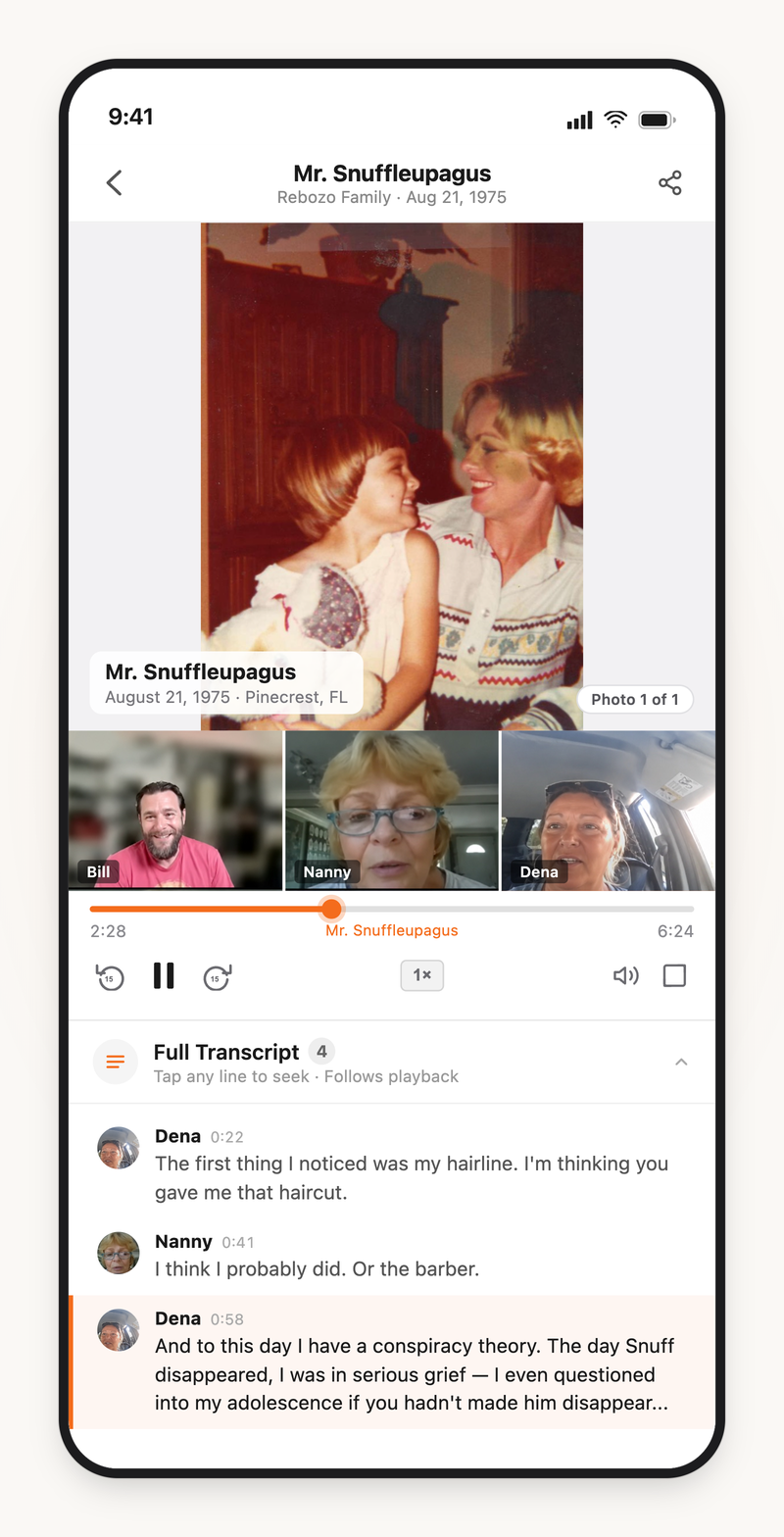 A recorded family meetup — playback of the conversation linked to the photo being discussed