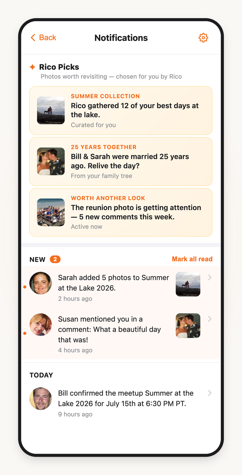 Rico Picks — Rico's inbox resurfacing photos worth revisiting: a lake collection, a 25th-anniversary memory from the family tree, and a reunion photo with new comments