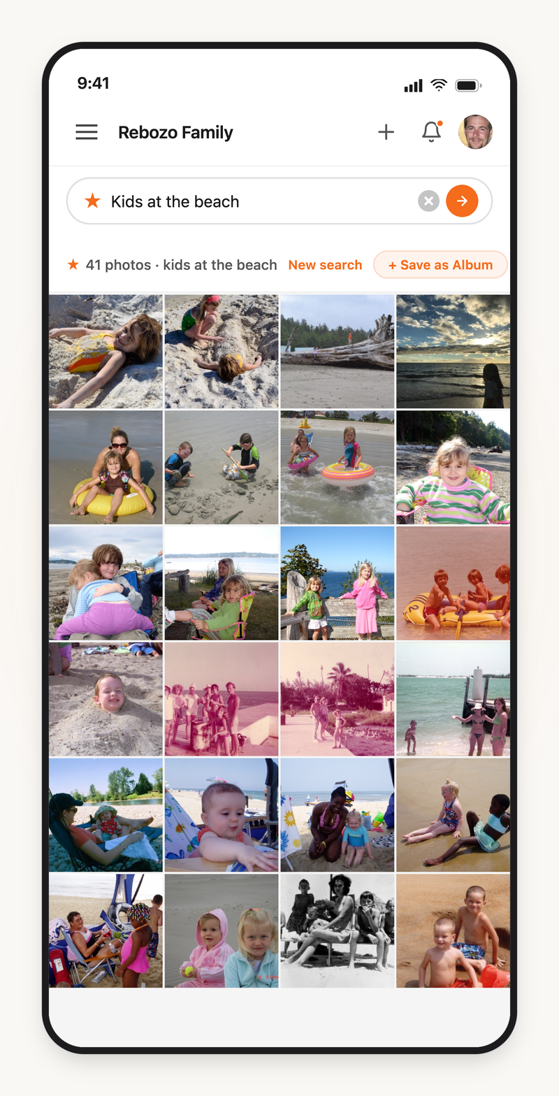 Find with Rico — searching 'Kids at the beach' returns a grid of matching family photos